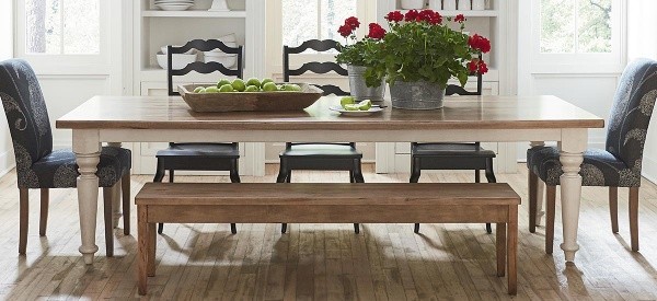 luxury dining room with 4 chairs and a wooden bench with white and light brown dining room table